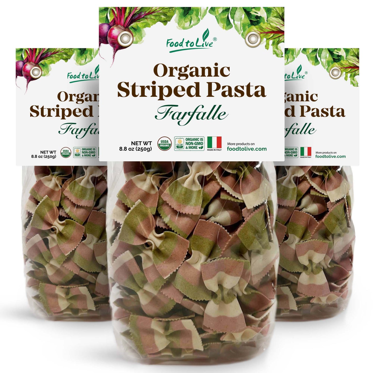 Organic Striped Farfalle Pasta – Italian Artisan Tri-Color Bow-Tie Pasta. Non-GMO, Vegan, Made with Semolina, Beet and Spinach. Perfect for Gourmet Cooking