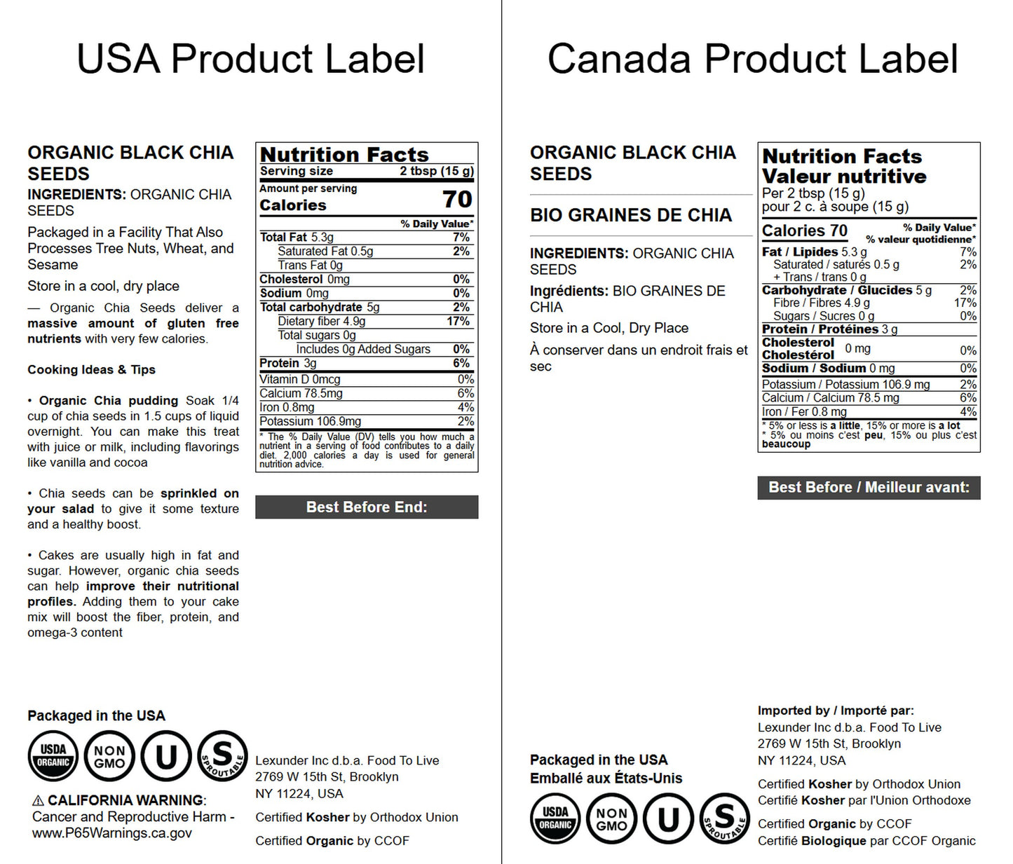 Organic Chia Seeds — Black, Vegan, Kosher, Non-GMO, Great for Smoothies, Sirtfood — by Food to Live
