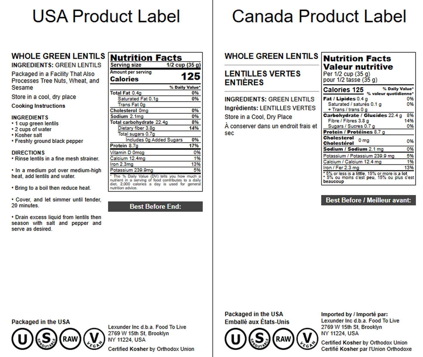 Green Lentil Whole — Non-GMO Verified, Kosher, Bulk - by Food to Live