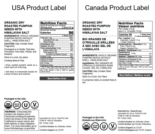 Organic Dry Roasted Pumpkin Seeds with Himalayan Salt - by Food To Live