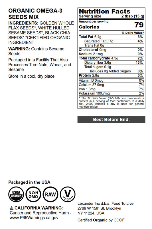 Organic Omega-3 Seeds Mix with Flax, Chia and Sesame - by Food To Live