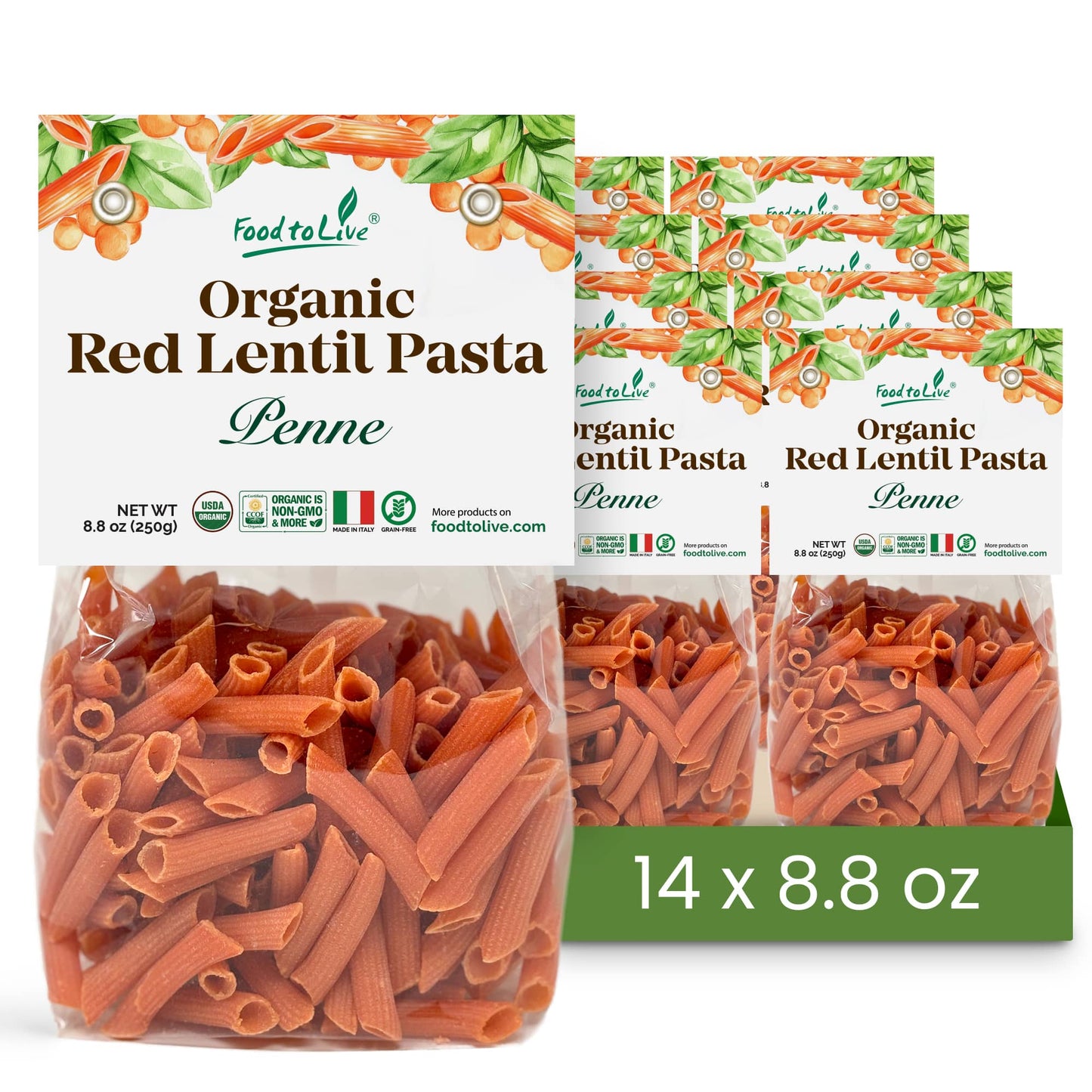 Organic Red Lentil Penne Pasta, 8.8 OZ – Non-GMO, Single Ingredient.  Vegan. Made in Italy.