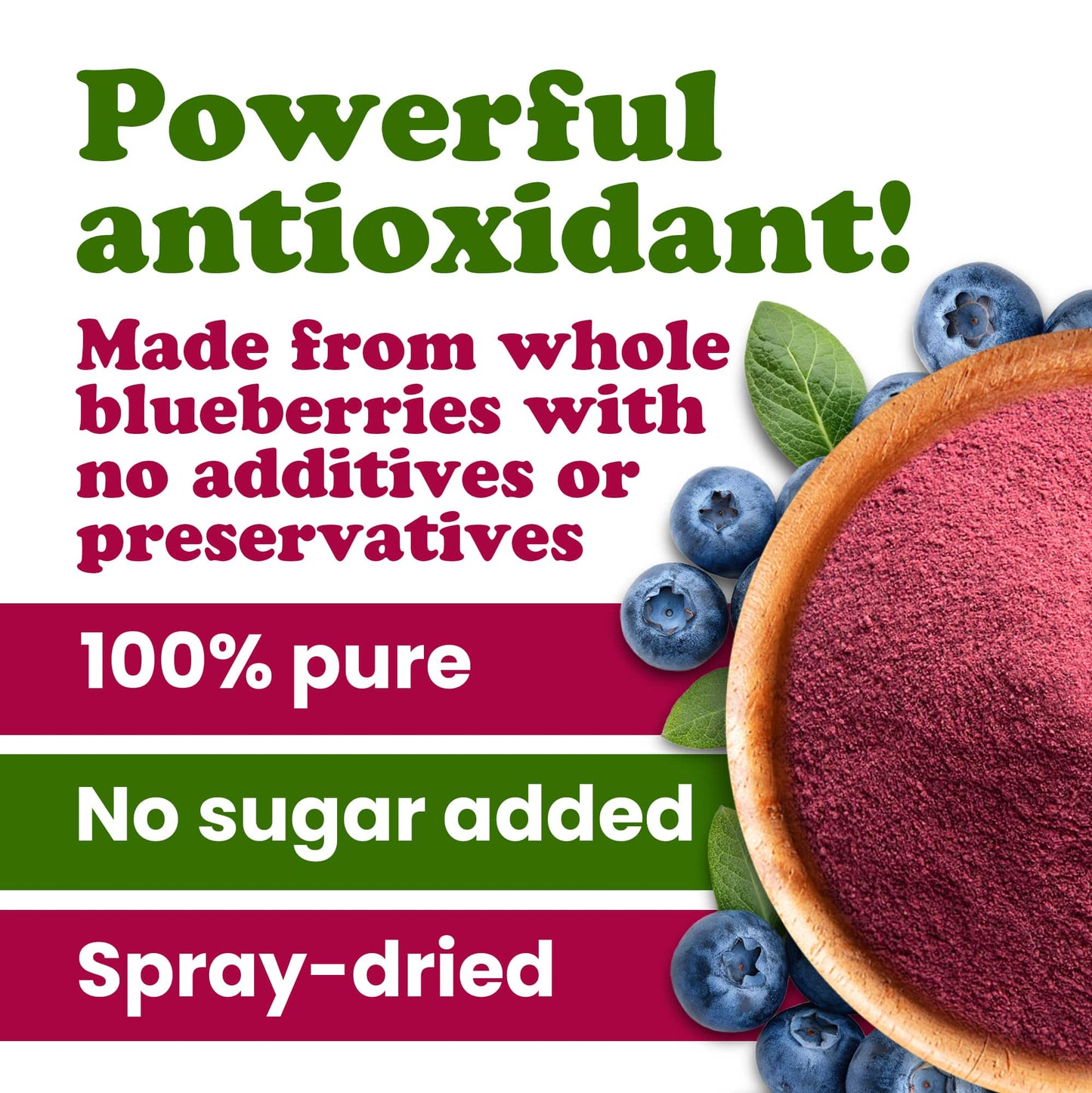 Blueberry Juice Powder - 100% Pure, Antioxidant-Rich. Great for Smoothies, Spray-dried, No Sugar Added, Contains Maltodextrin, Vegan, Kosher, Bulk.
