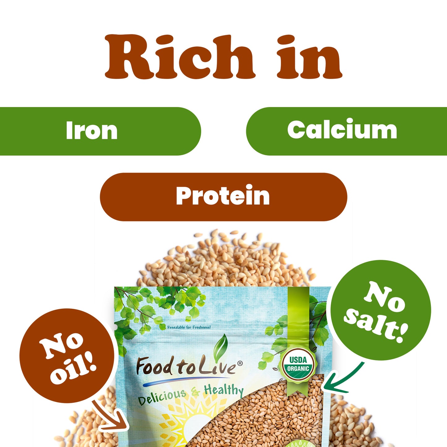 Organic Toasted Hulled Sesame Seeds  – by Food to Live
