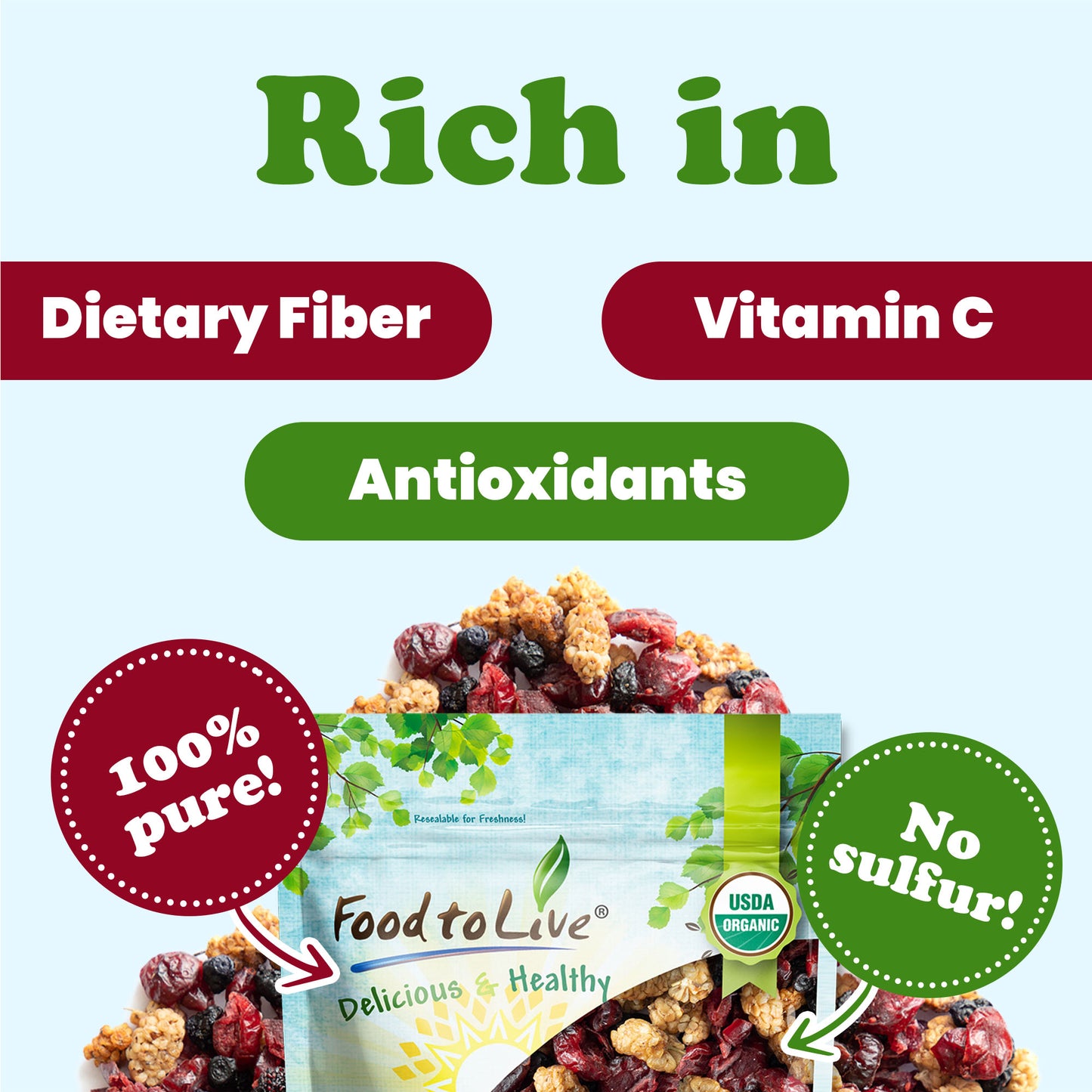 Organic Delicious Berries Mix with Cranberries, Blueberries, and White Mulberries - Non-GMO, Kosher, Vegan, Unsulfured, Bulk