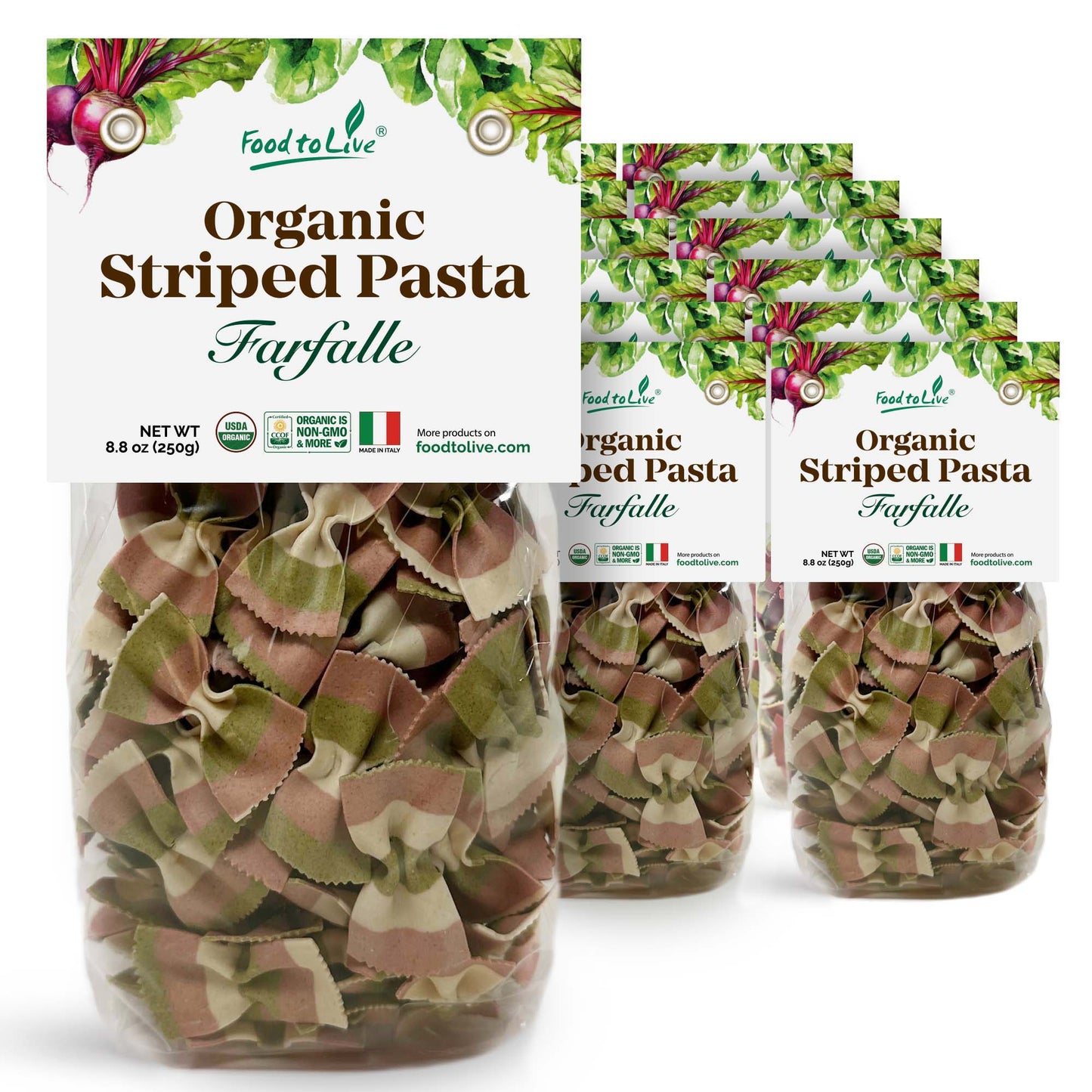 Organic Striped Farfalle Pasta – Italian Artisan Tri-Color Bow-Tie Pasta. Non-GMO, Vegan, Made with Semolina, Beet and Spinach. Perfect for Gourmet Cooking
