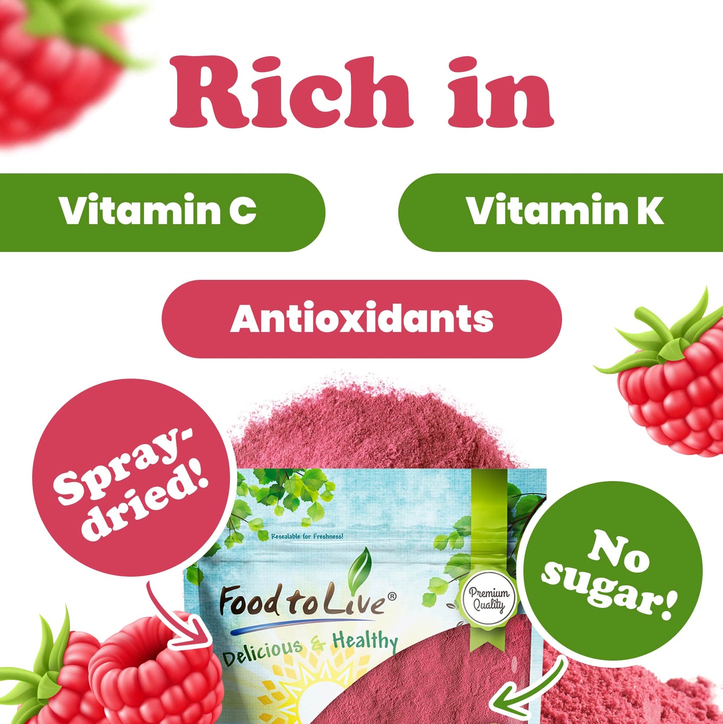 Raspberry Juice Powder – Antioxidant-Rich Superfood for Immune Support, Skin Health – Spray-dried, No Sugar Added, Contains Maltodextrin, Vegan, Kosher, Bulk