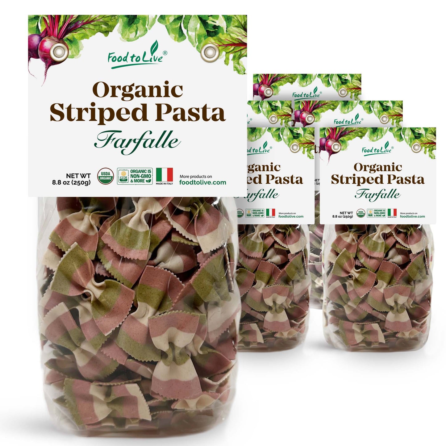 Organic Striped Farfalle Pasta – Italian Artisan Tri-Color Bow-Tie Pasta. Non-GMO, Vegan, Made with Semolina, Beet and Spinach. Perfect for Gourmet Cooking