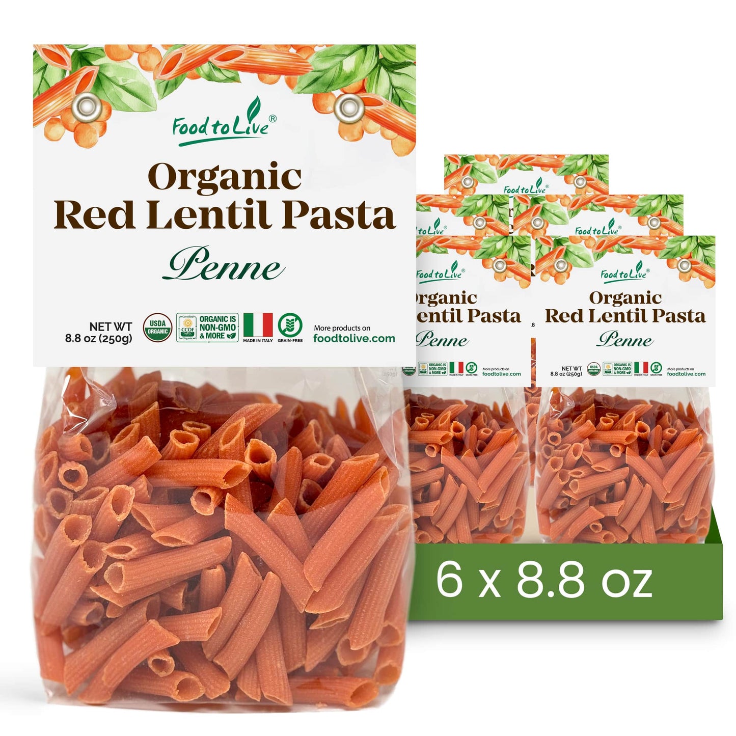 Organic Red Lentil Penne Pasta, 8.8 OZ – Non-GMO, Single Ingredient.  Vegan. Made in Italy.