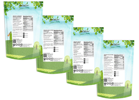 Organic Pulses Bundle, 4 Pack - Whole Green Peas (5 LB), Green Lentils (5 LB), Chickpeas (5 LB), Black-Eyed Peas (5 LB) - by Food To Live