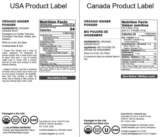 Organic Ginger Root Powder - Non-GMO, Kosher, Bulk, Raw Ground Ginger Root, Flour, Sirtfood - by Food to Live