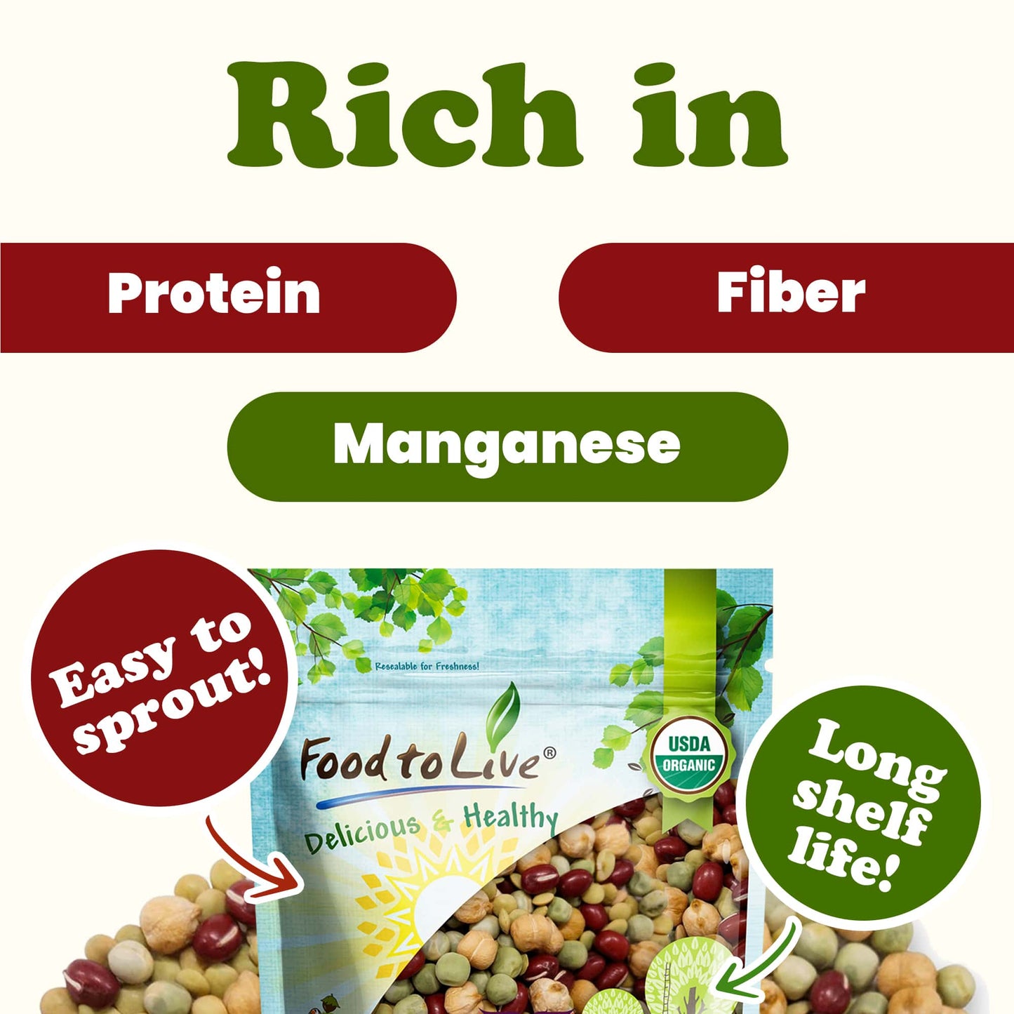 Organic Crunchy Mix of Sprouting Beans - by Food To Live