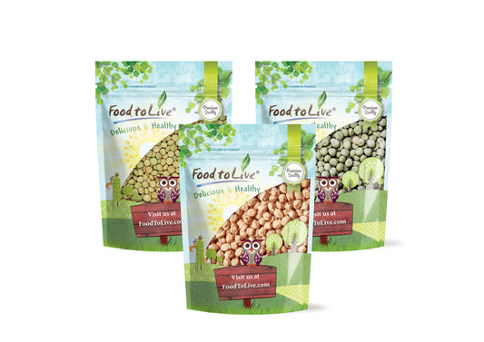 Premium Pulses Bundle, 3 Pack - Chickpeas (5 LB), Whole Green Peas (5 LB), Green Lentils (5 LB) - by Food To Live