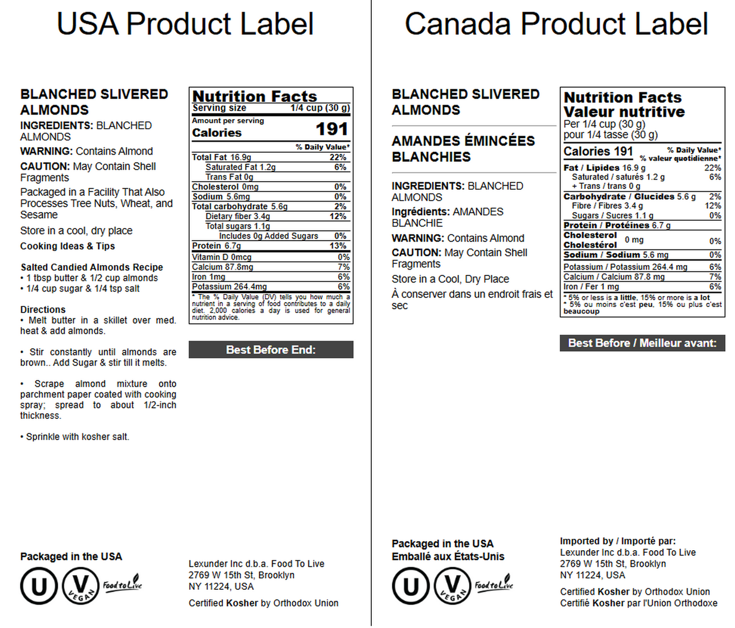 Blanched, Slivered Almonds — Non-GMO Verified, Kosher, Raw, Vegan - by Food to Live