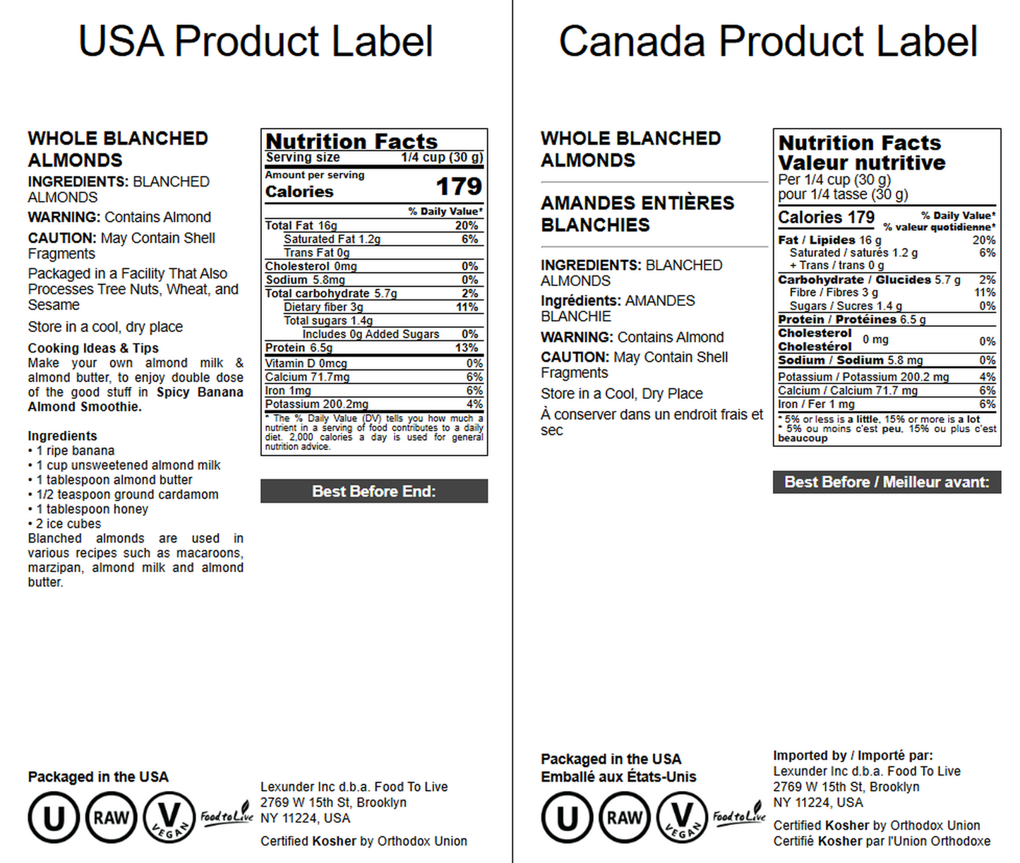 Blanched Almonds — Whole, Non-GMO Verified, Kosher, Raw, Vegan - by Food to Live