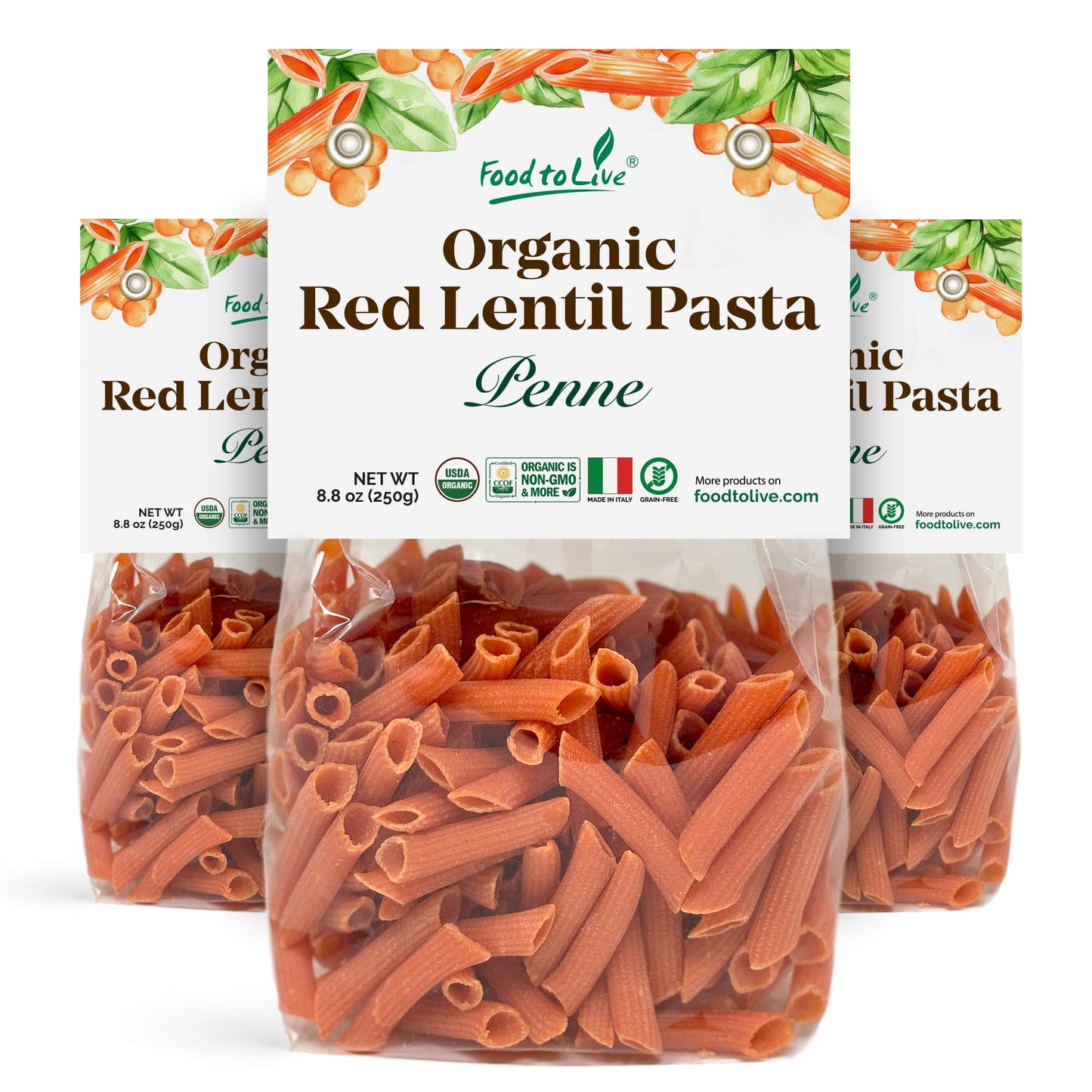 Organic Red Lentil Penne Pasta, 8.8 OZ – Non-GMO, Single Ingredient.  Vegan. Made in Italy.