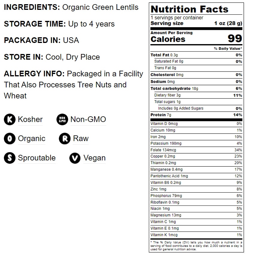 Organic Green Lentils - by Food To Live
