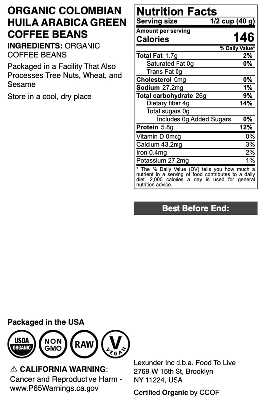Organic Colombian Huila Arabica Green Coffee Beans - by Food to Live