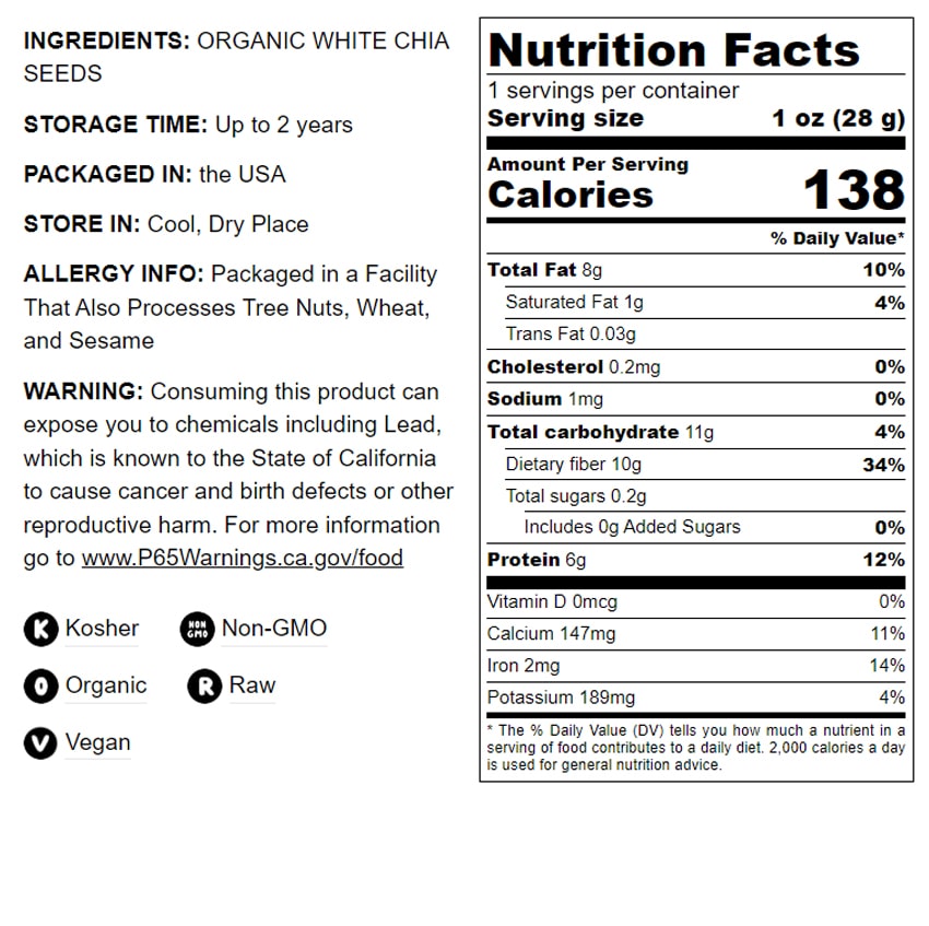 Organic White Chia Seeds - by Food To Live