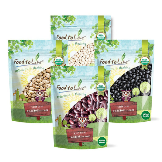 Organic Dry Beans Bundle (4 pack) - Dark Red Kidney Beans (5 LB), Pinto Beans (5 LB), Black Beans (5 LB), Navy Beans (5 LB) - by Food To Live