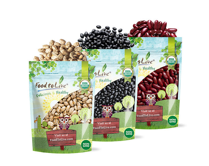 Organic Dry Beans Bundle (3 pack) of Dark Red Kidney Beans (5 LB), Pinto Beans (5 LB) and Black Beans (5 LB) - by Food To Live