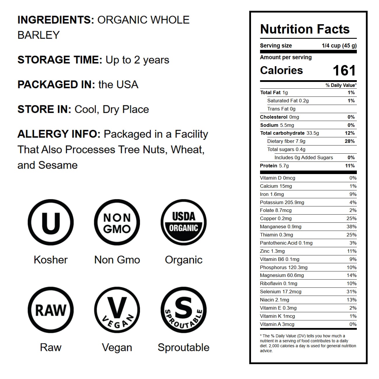 Organic Whole Unhulled Barley - by Food To Live