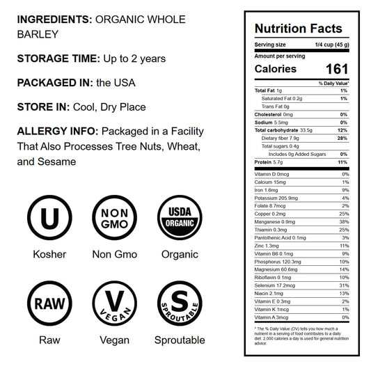 Organic Whole Unhulled Barley - by Food To Live
