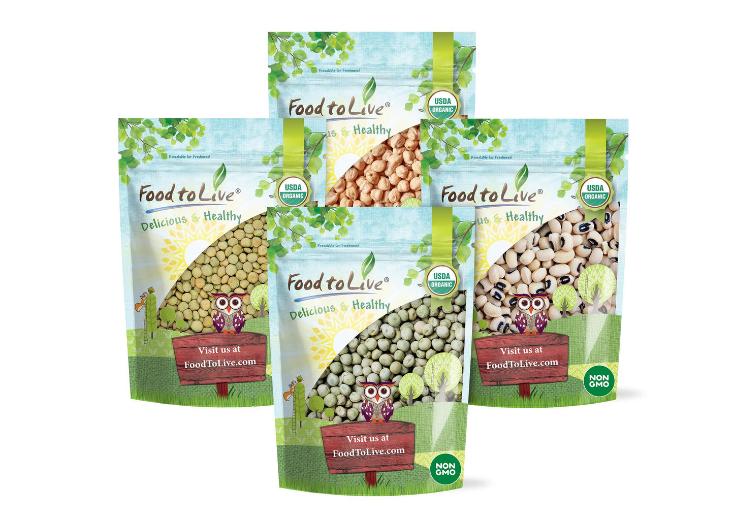Organic Pulses Bundle, 4 Pack - Whole Green Peas (5 LB), Green Lentils (5 LB), Chickpeas (5 LB), Black-Eyed Peas (5 LB) - by Food To Live