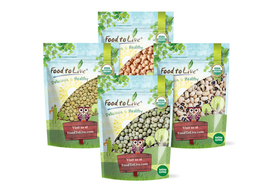 Organic Pulses Bundle, 4 Pack - Whole Green Peas (5 LB), Green Lentils (5 LB), Chickpeas (5 LB), Black-Eyed Peas (5 LB) - by Food To Live