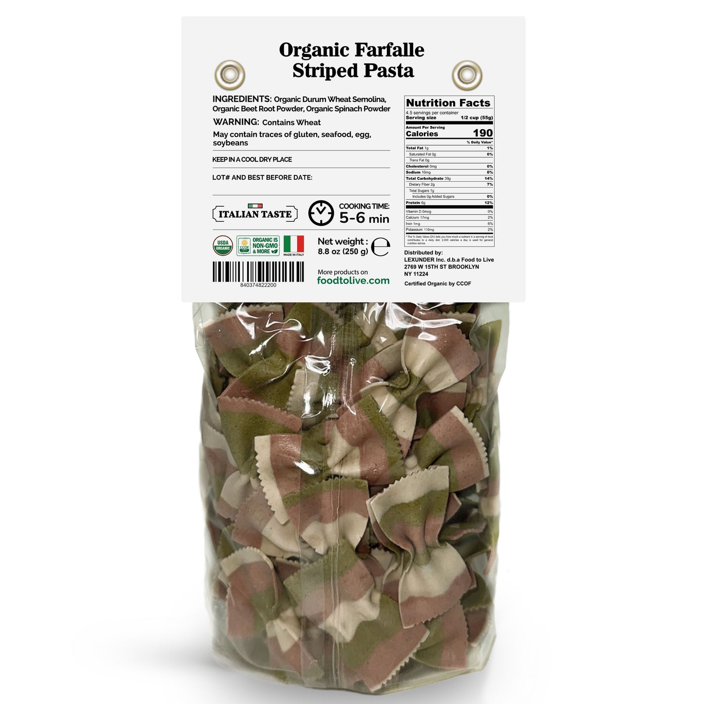 Organic Striped Farfalle Pasta – Italian Artisan Tri-Color Bow-Tie Pasta. Non-GMO, Vegan, Made with Semolina, Beet and Spinach. Perfect for Gourmet Cooking