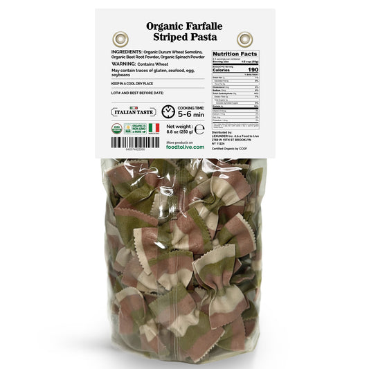 Organic Striped Farfalle Pasta – Italian Artisan Tri-Color Bow-Tie Pasta. Non-GMO, Vegan, Made with Semolina, Beet and Spinach. Perfect for Gourmet Cooking