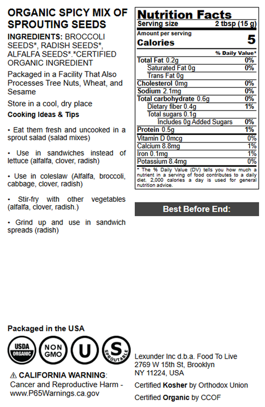 Organic Spicy Mix of Sprouting Seeds - by Food To Live