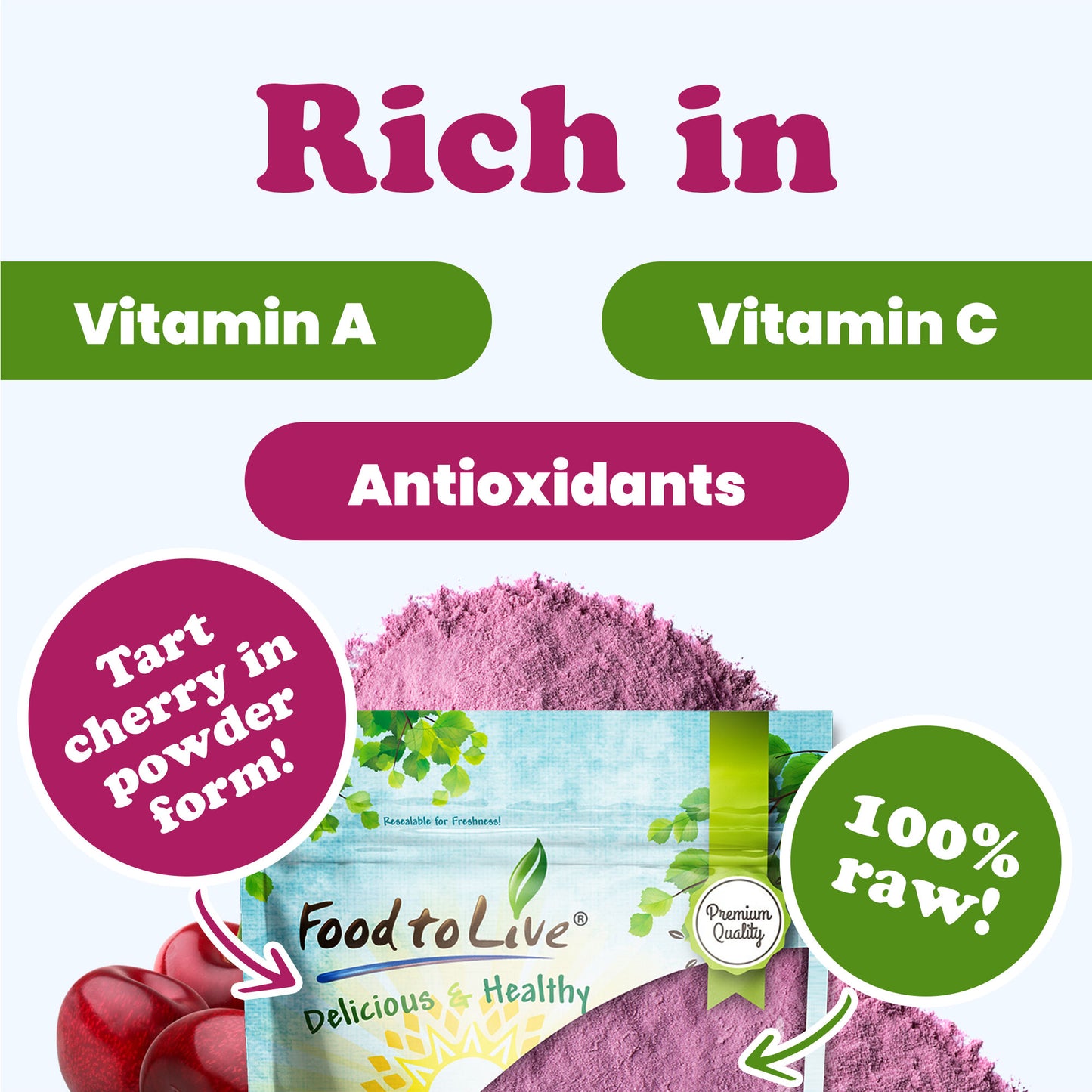 Cherry Juice Powder – High in Vitamins and Antioxidants, All Natural Superfood, Perfect for Smoothies, Shakes and Cooking, Vegan, Kosher, Bulk - by Food to Live