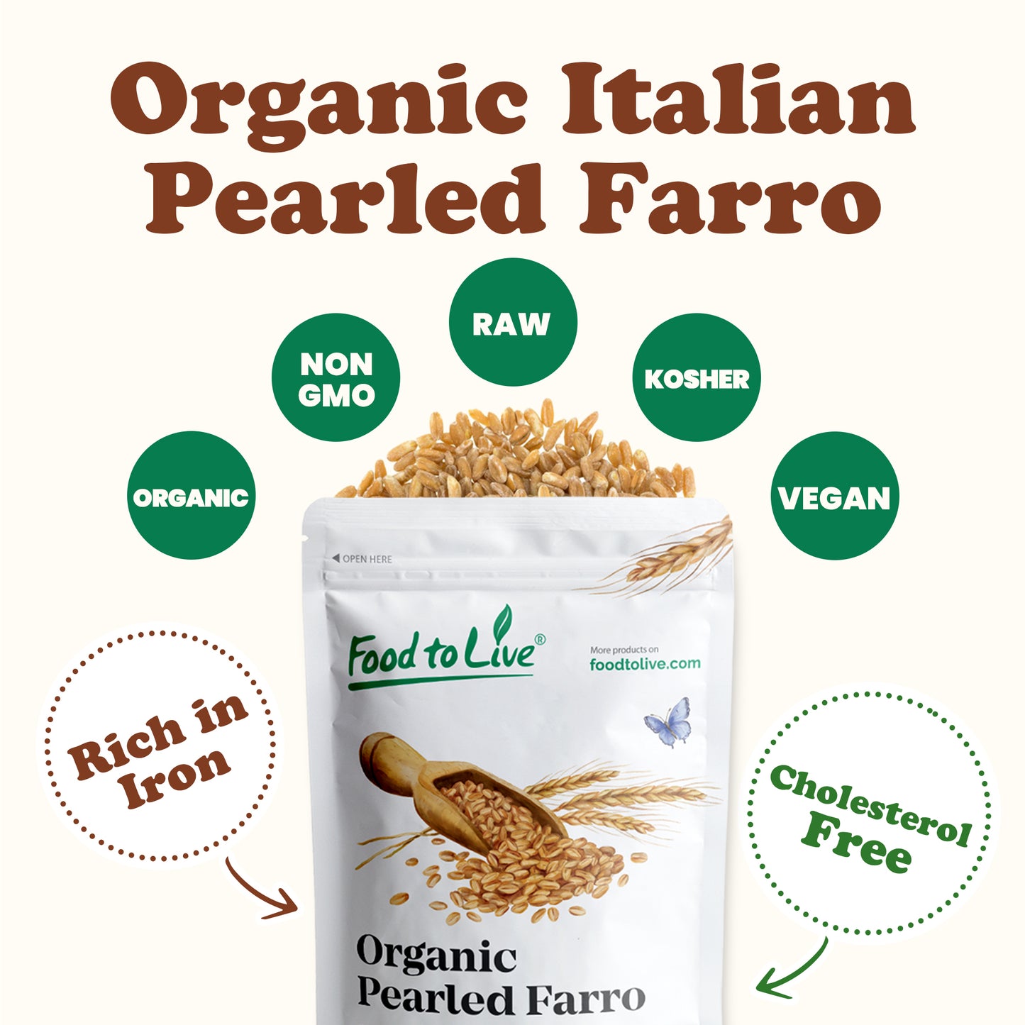 Organic Italian Pearled Farro - Non-GMO, Kosher, Vegan, Grain in Bulk, Good Source of Fiber - by Food to Live