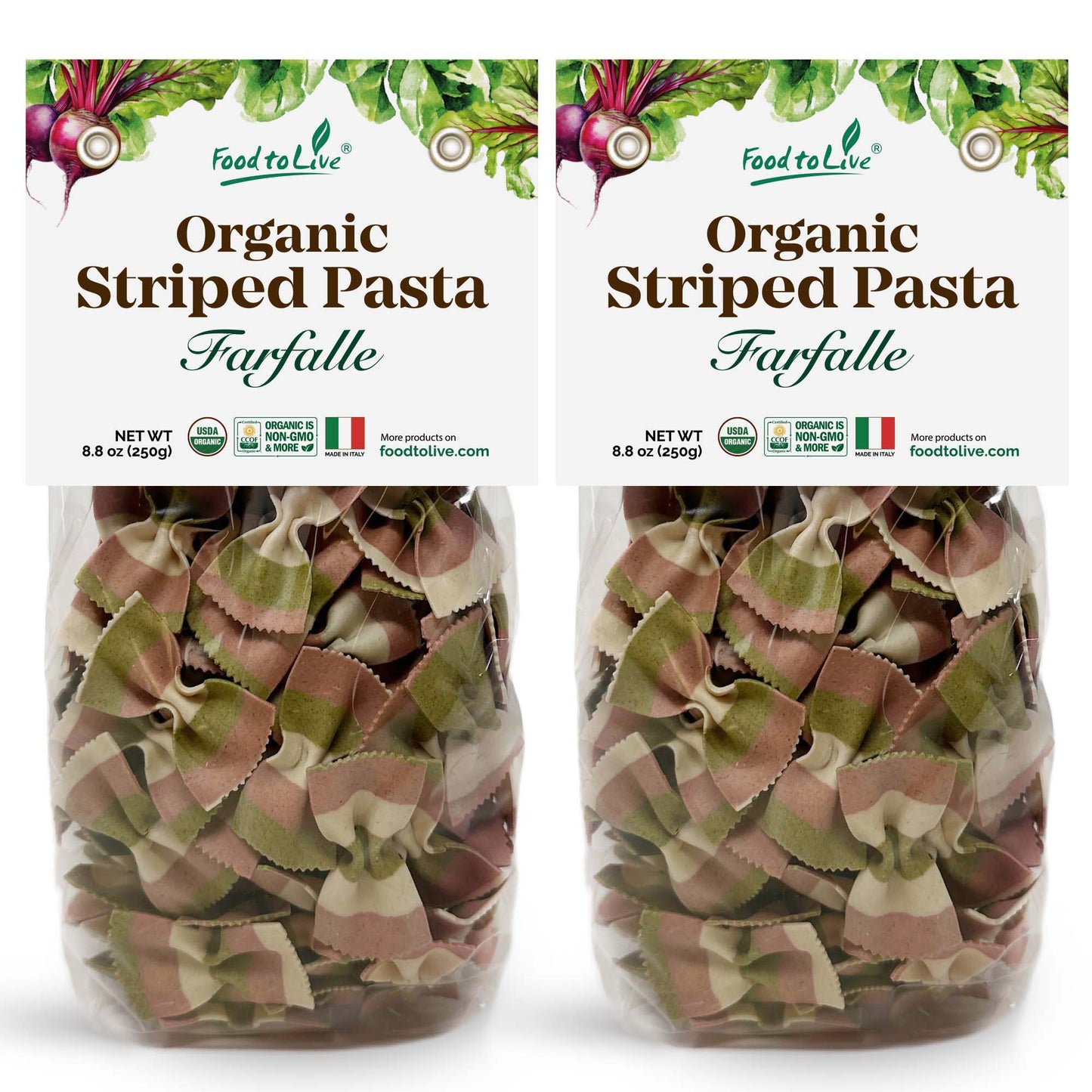 Organic Striped Farfalle Pasta – Italian Artisan Tri-Color Bow-Tie Pasta. Non-GMO, Vegan, Made with Semolina, Beet and Spinach. Perfect for Gourmet Cooking