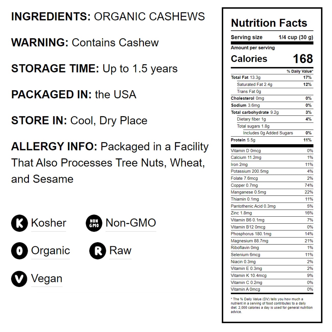 Organic Cashews - Whole, Size W-240, Unsalted - by Food To Live