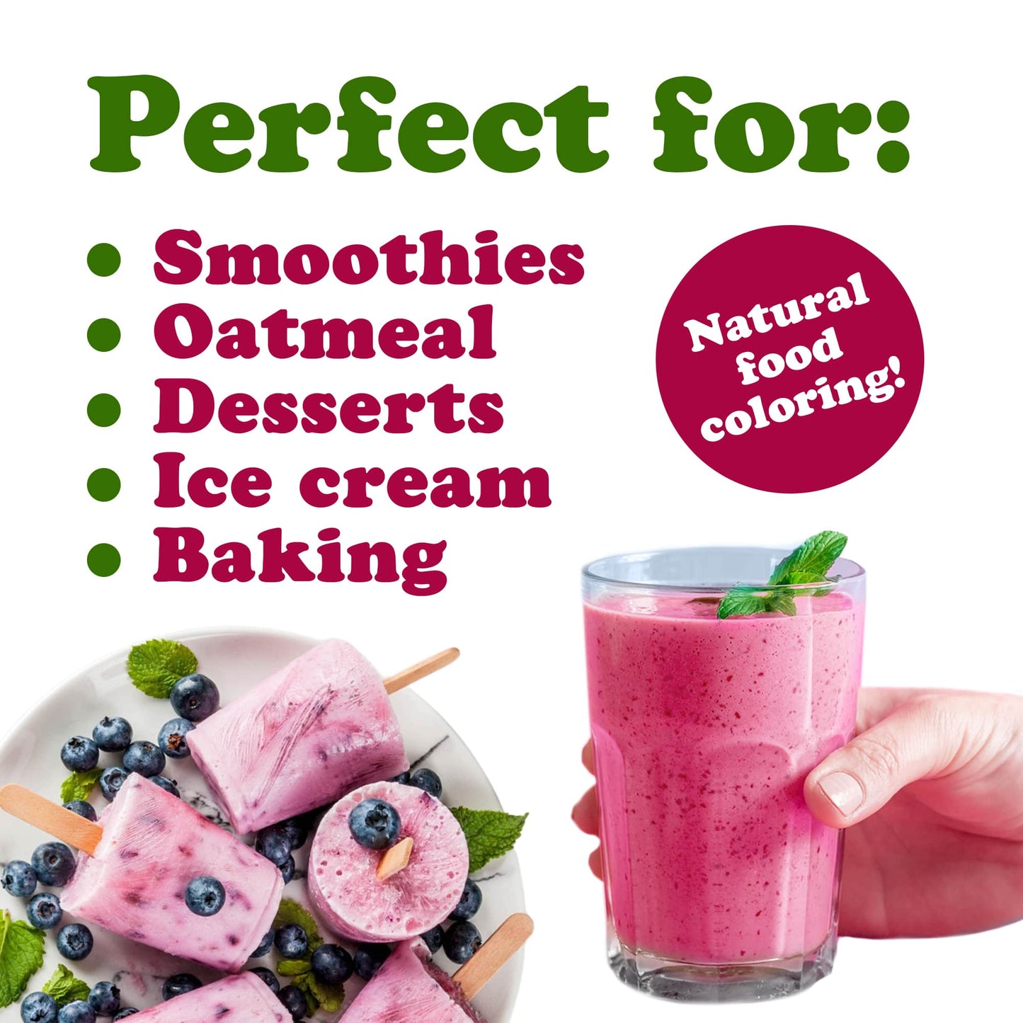 Blueberry Juice Powder - 100% Pure, Antioxidant-Rich. Great for Smoothies, Spray-dried, No Sugar Added, Contains Maltodextrin, Vegan, Kosher, Bulk.