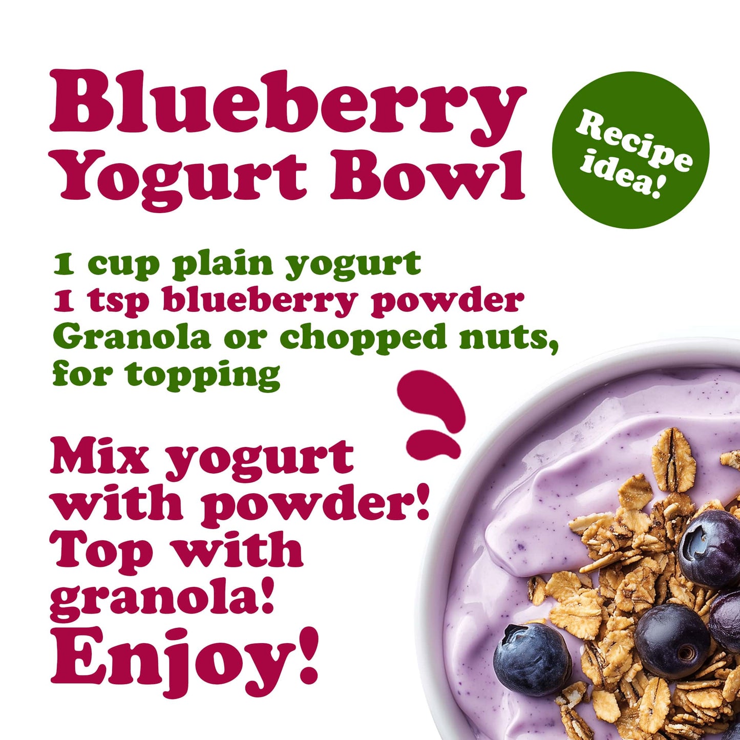 Blueberry Juice Powder - 100% Pure, Antioxidant-Rich. Great for Smoothies, Spray-dried, No Sugar Added, Contains Maltodextrin, Vegan, Kosher, Bulk.