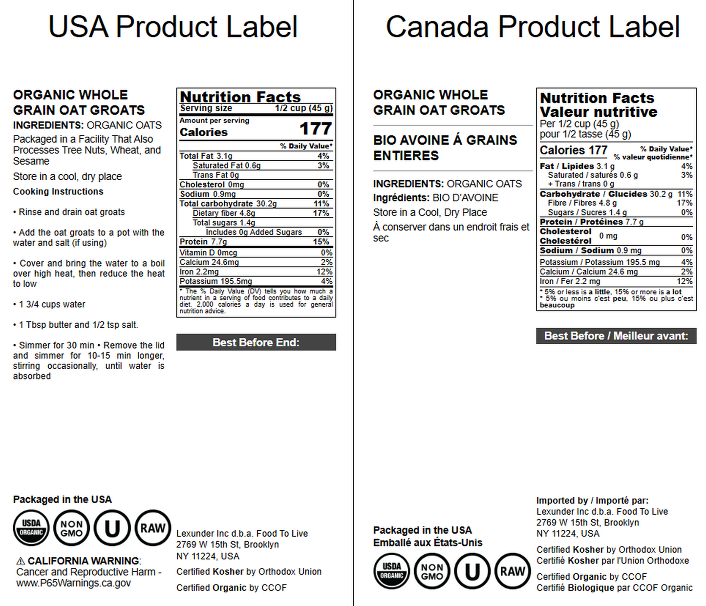 Organic Oat Groats — 100% Whole Grain, Non-GMO Seeds, Kosher, Raw, Non-Irradiated, Vegan, Bulk, Low Glycemic - by Food to Live