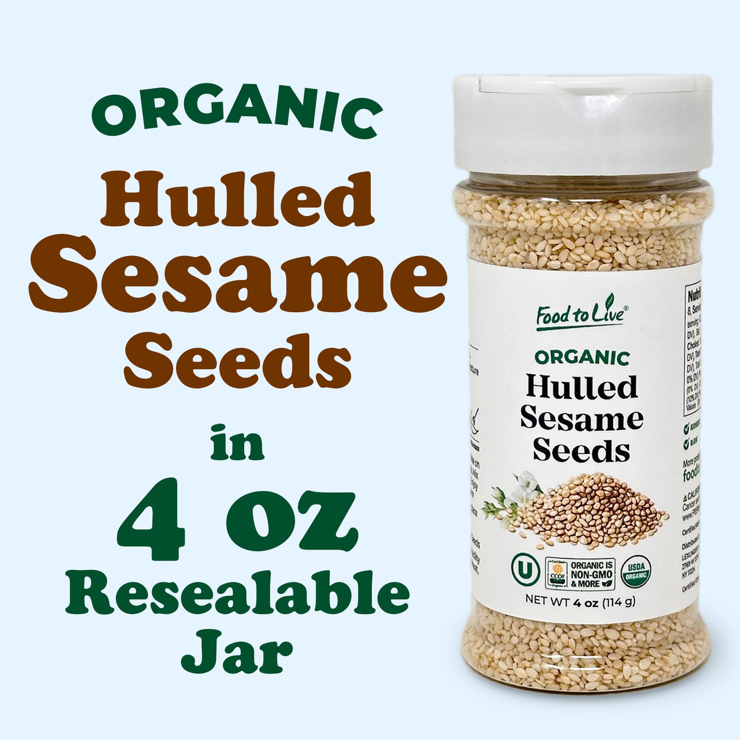 Organic Hulled Sesame Seeds – Raw in Resealable Jar, Non-GMO, Vegan, Kosher