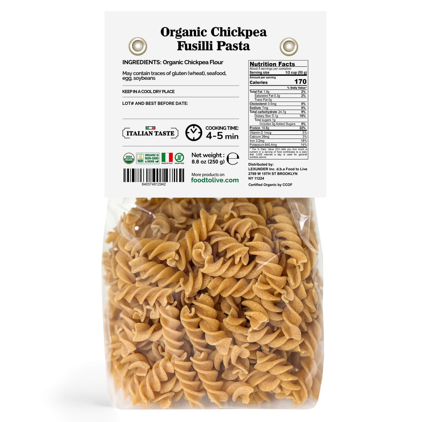 Organic Chickpea Fusilli Pasta, 8.8 oz - by Food To Live