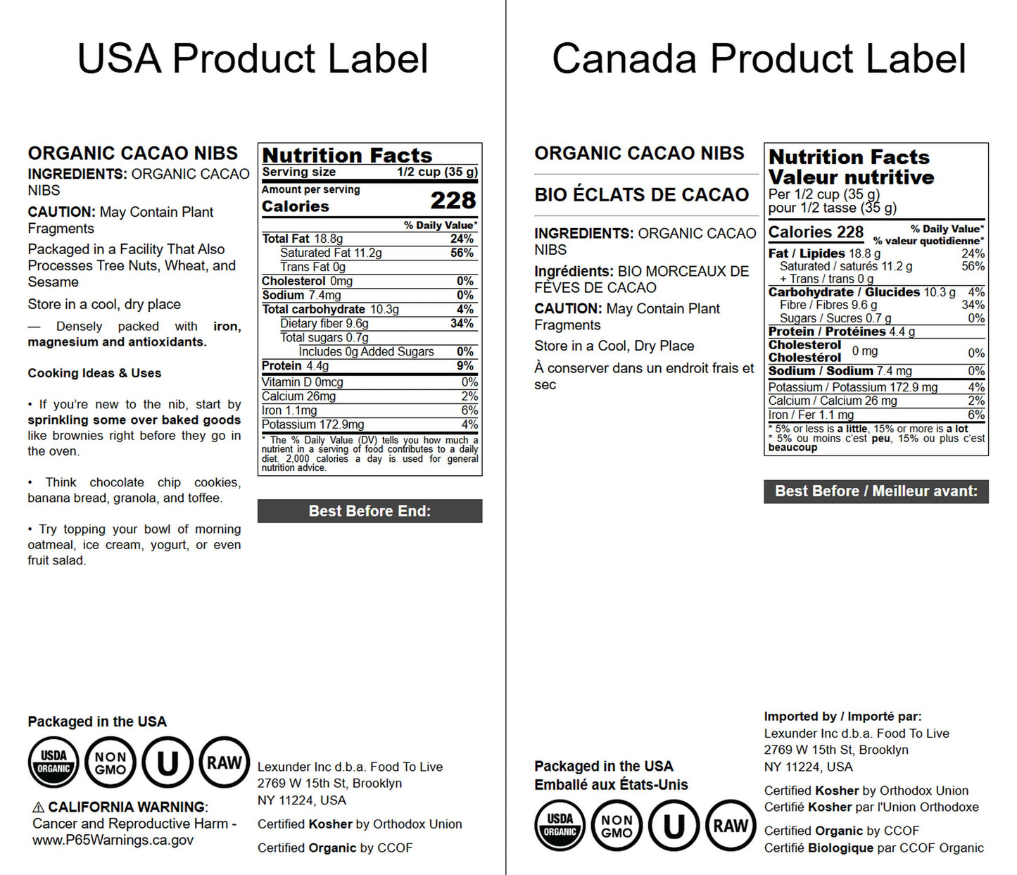 Organic Cacao Nibs - Unsweetened, Non-GMO, Kosher, Raw, Vegan, Sirtfood, Bulk - by Food to Live