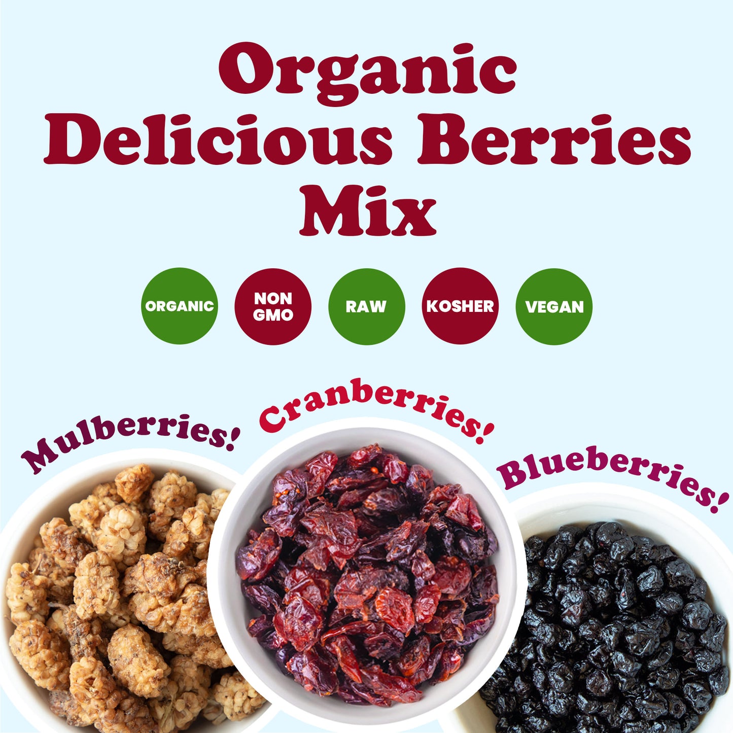 Organic Delicious Berries Mix with Cranberries, Blueberries, and White Mulberries - Non-GMO, Kosher, Vegan, Unsulfured, Bulk