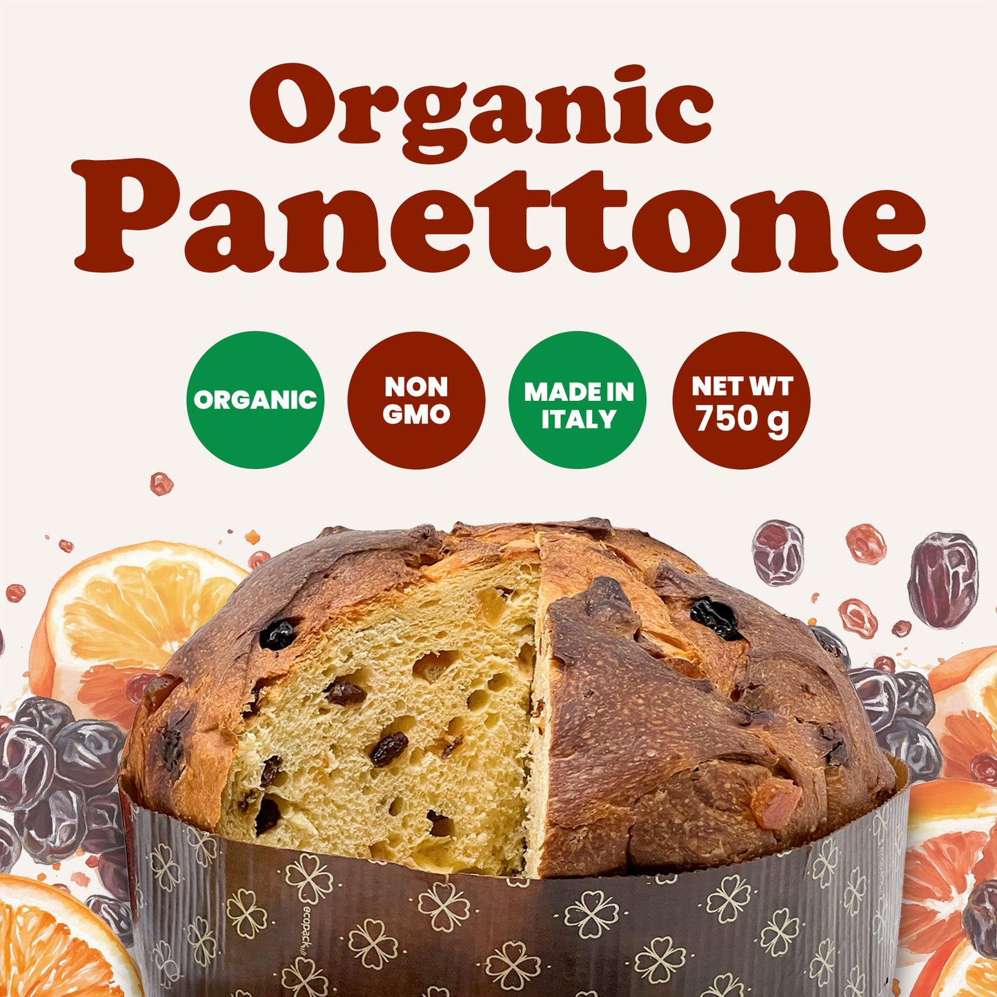 Food to Live Organic Italian Panettone - Authentic Artisan-Made, Traditional Holiday Cake with Raisins and Candied Orange Peel - Perfect for Gifts - Hand-wrapped - Non-GMO - 750g (1.65 lb)
