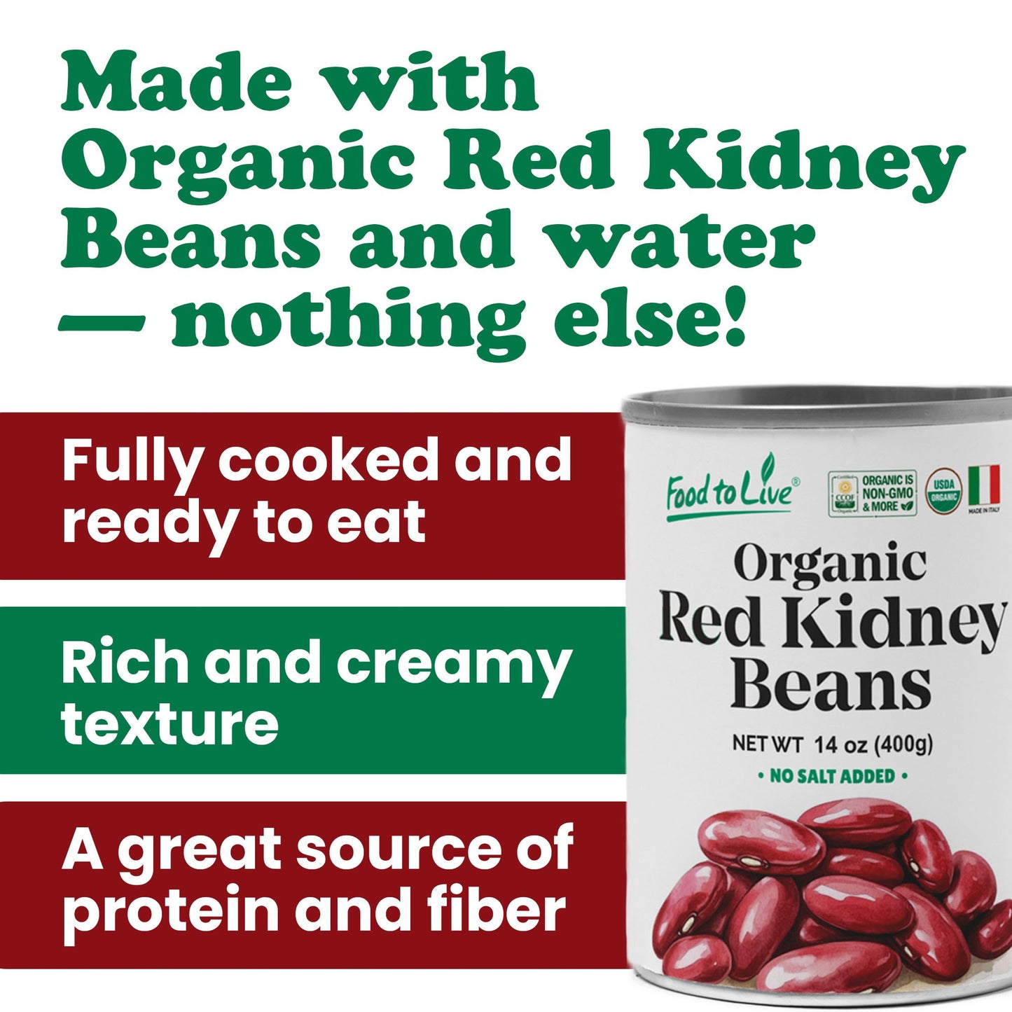 Organic Canned Red Kidney Beans – Unsalted, Non-GMO, Vegan. Ready to Eat. Perfect for Salads, Soups, Pasta e Fagioli. Wholesale – by Food to live