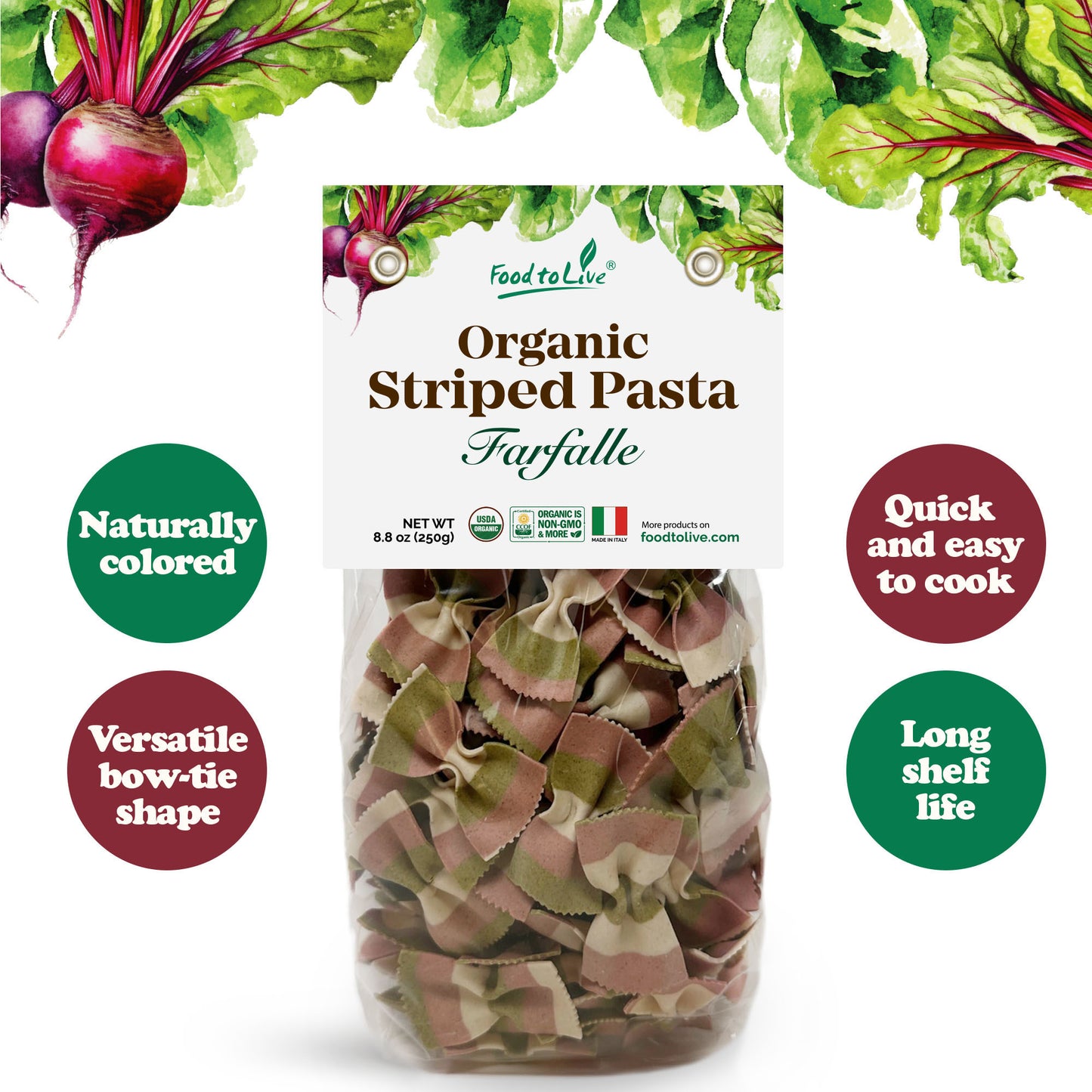 Organic Striped Farfalle Pasta – Italian Artisan Tri-Color Bow-Tie Pasta. Non-GMO, Vegan, Made with Semolina, Beet and Spinach. Perfect for Gourmet Cooking