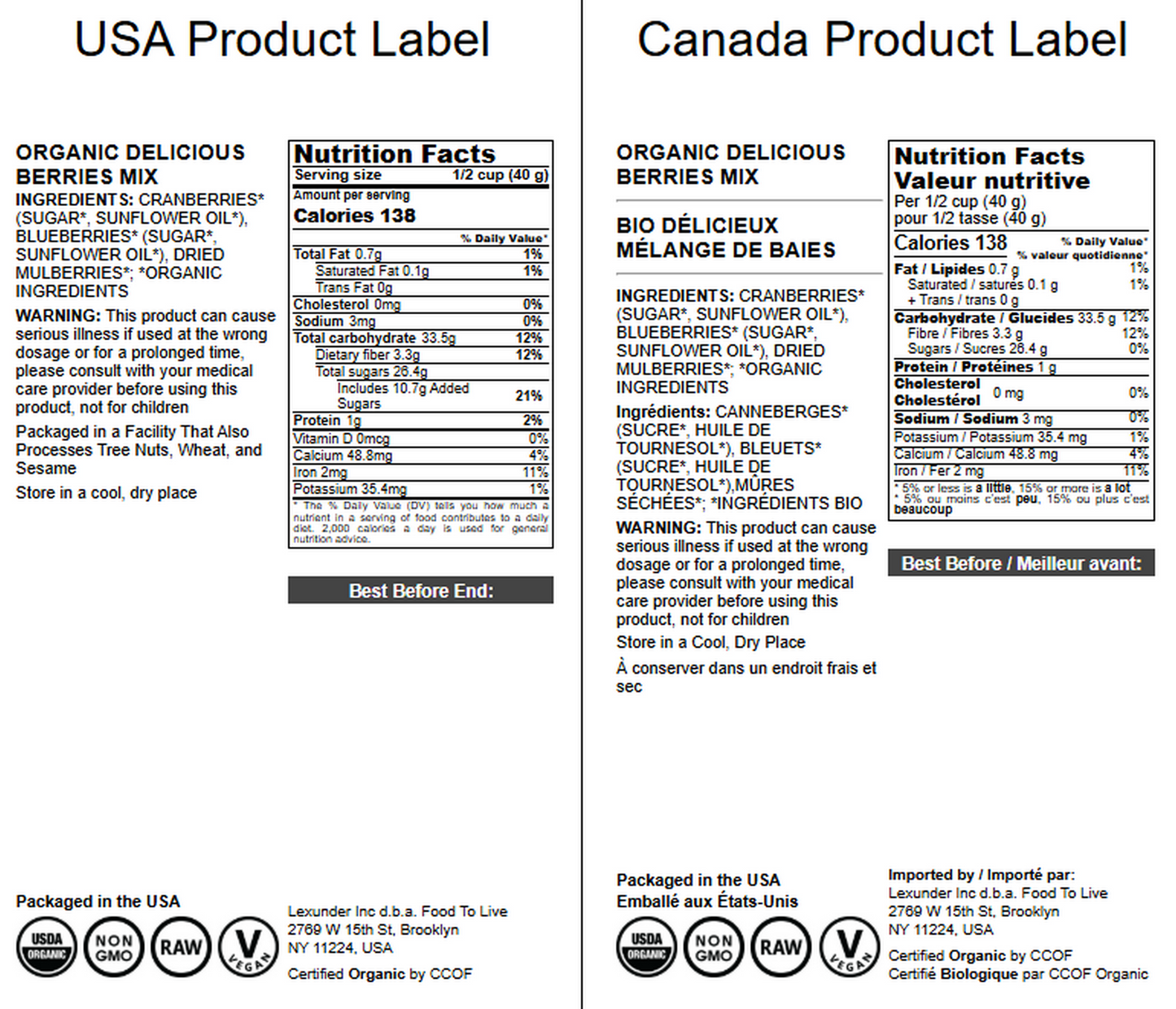 Organic Delicious Berries Mix with Cranberries, Blueberries, and White Mulberries - Non-GMO, Kosher, Vegan, Unsulfured, Bulk