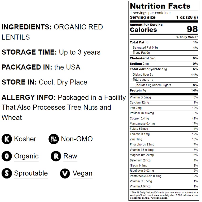 Organic Red Lentils Whole - by Food To Live