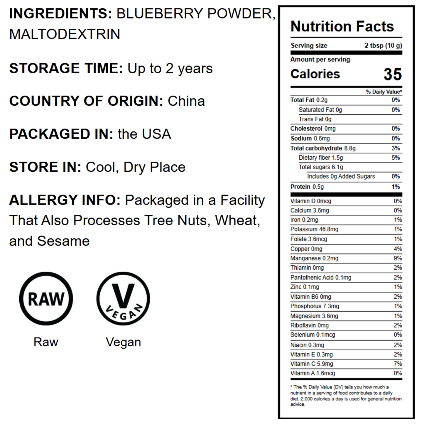 Blueberry Juice Powder - 100% Pure, Antioxidant-Rich. Great for Smoothies, Spray-dried, No Sugar Added, Contains Maltodextrin, Vegan, Kosher, Bulk.
