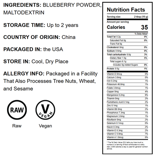 Blueberry Juice Powder - 100% Pure, Antioxidant-Rich. Great for Smoothies, Spray-dried, No Sugar Added, Contains Maltodextrin, Vegan, Kosher, Bulk.